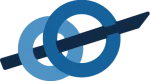 Logo of two overlapping blue rings with a diagonal dark blue bar passing through them, symbolizing connection and partnership.